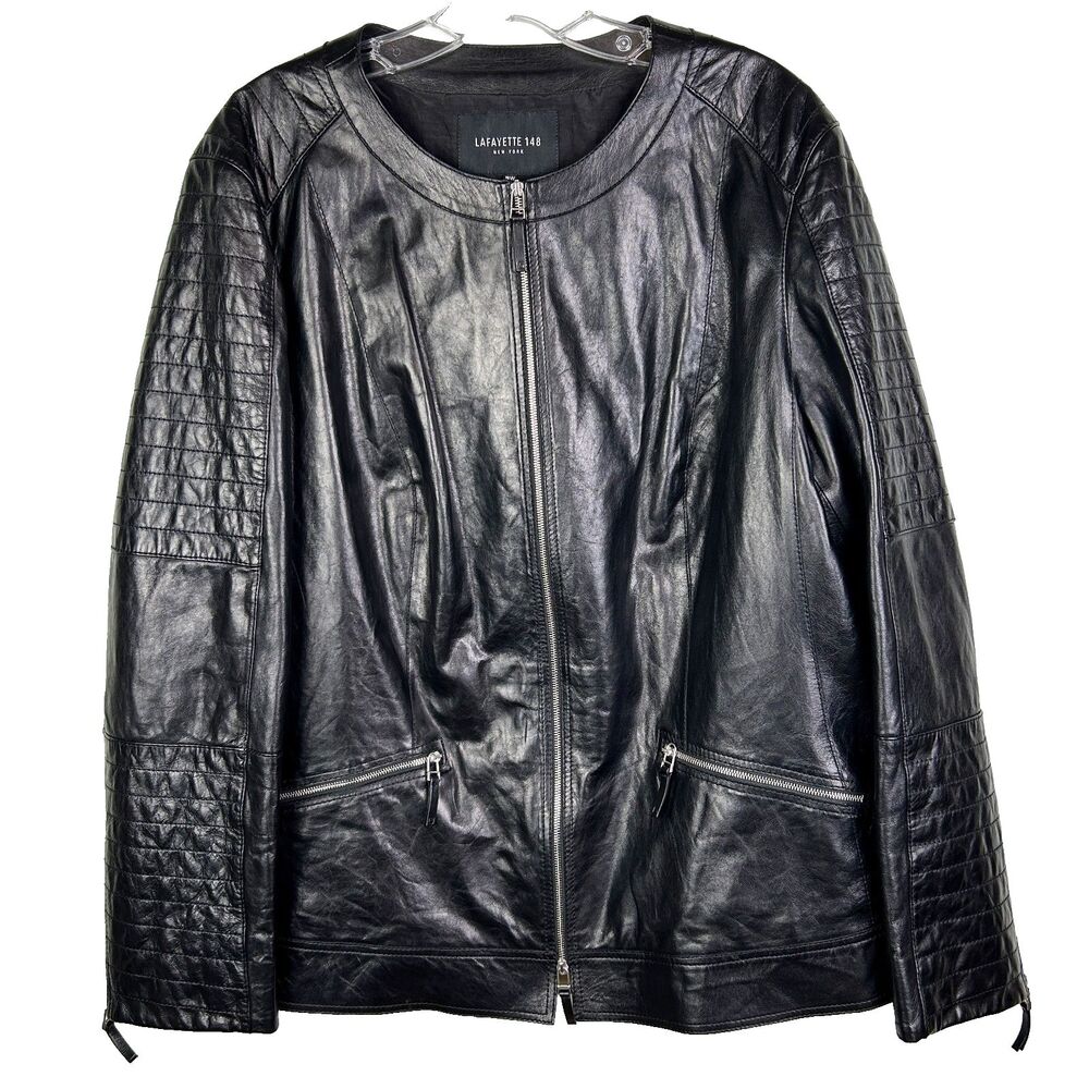 Lafayette 148 Leather Moto Jacket Black Full Zip Quilted Slv Silk Cotton Line 16